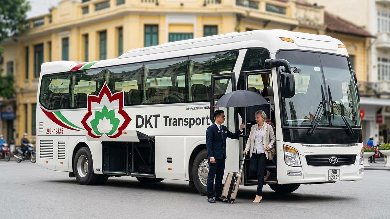 Tài xế DKT Transport đón khách chu đáo bên xe khách limousine 29 chỗ cao cấp tại Hà Nội