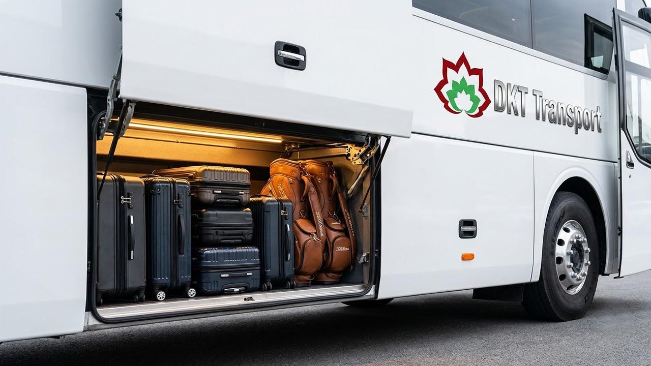 Hầm để đồ rộng rãi của xe limousine 29 chỗ chứa trọn vali hành lý và túi gậy golf