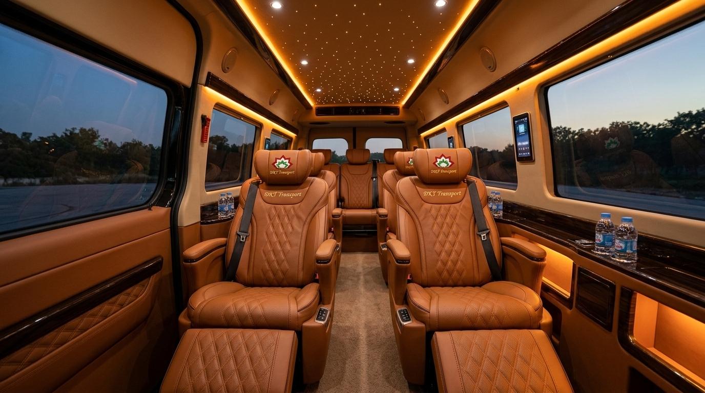 Khoang nội thất xe limousine 9 chỗ Hưng Yên DKT Transport với ghế massage bọc da và trần ánh sao