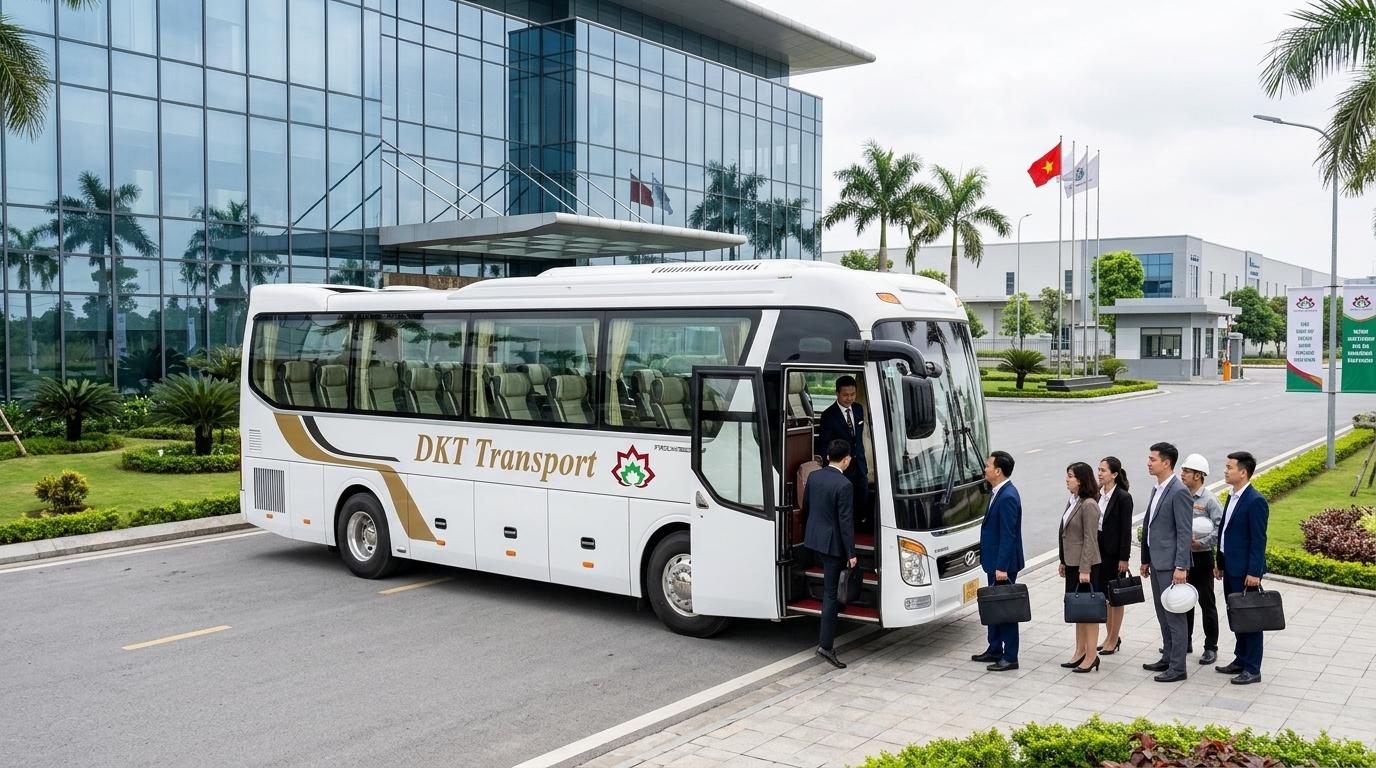 Xe limousine 19 chỗ Hưng Yên DKT Transport đưa đón đoàn chuyên gia tại khu công nghiệp