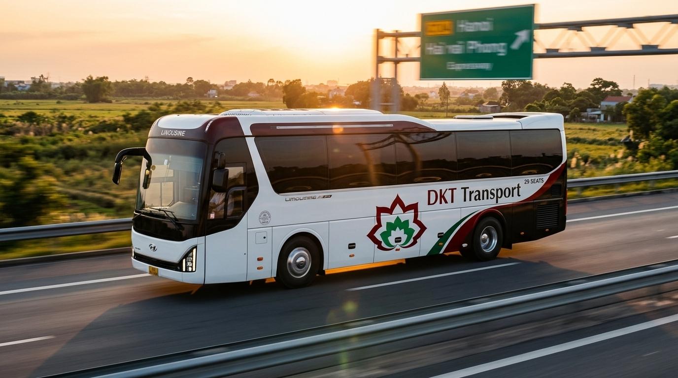 Xe limousine 23-29 chỗ bầu hơi DKT Transport chạy êm ái trên cao tốc qua Hưng Yên