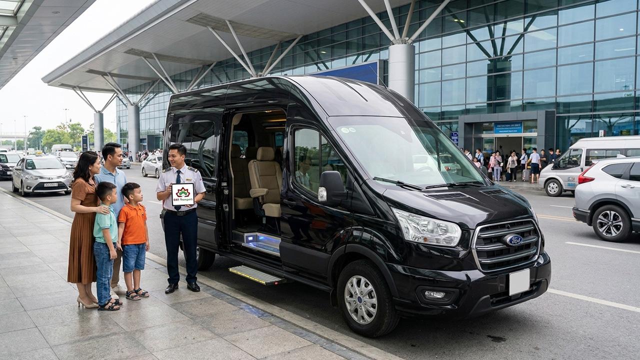 Tài xế DKT Transport đón khách thuê xe Limousine 9 chỗ tại sảnh sân bay Nội Bài