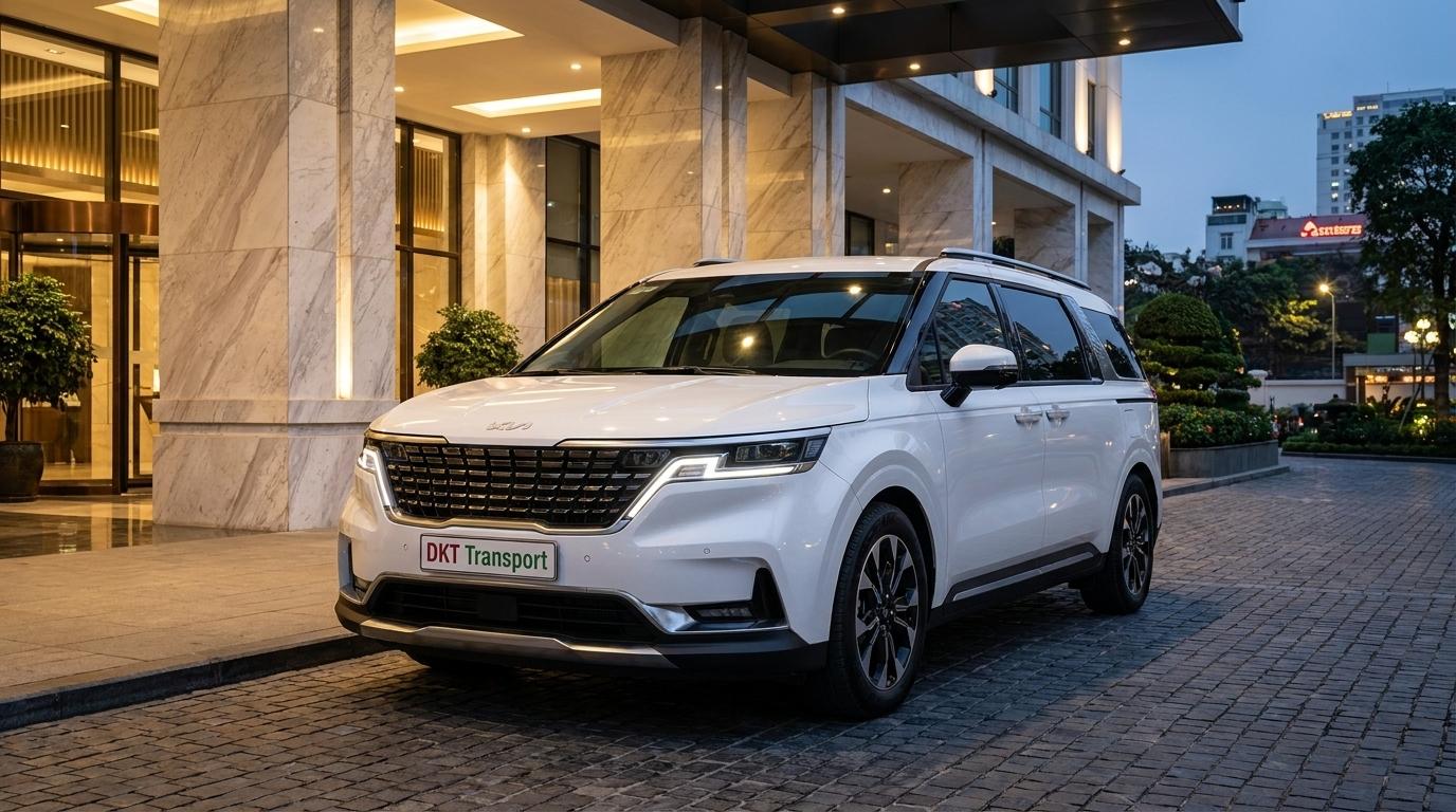 Ngoại thất xe Kia Carnival đời mới sang trọng đỗ tại sảnh khách sạn cao cấp Hà Nội của DKT Transport