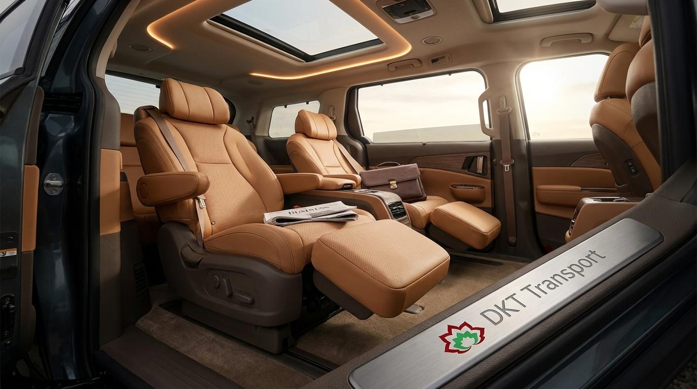 Khoang nội thất xe Kia Carnival với hàng ghế thương gia Captain Seat chỉnh điện bọc da cao cấp tại DKT Transport