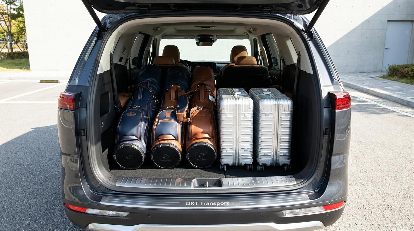 Khoang hành lý cốp sau hạ sâu xe Kia Carnival chứa 4 túi gậy golf và vali du lịch lớn của DKT Transport