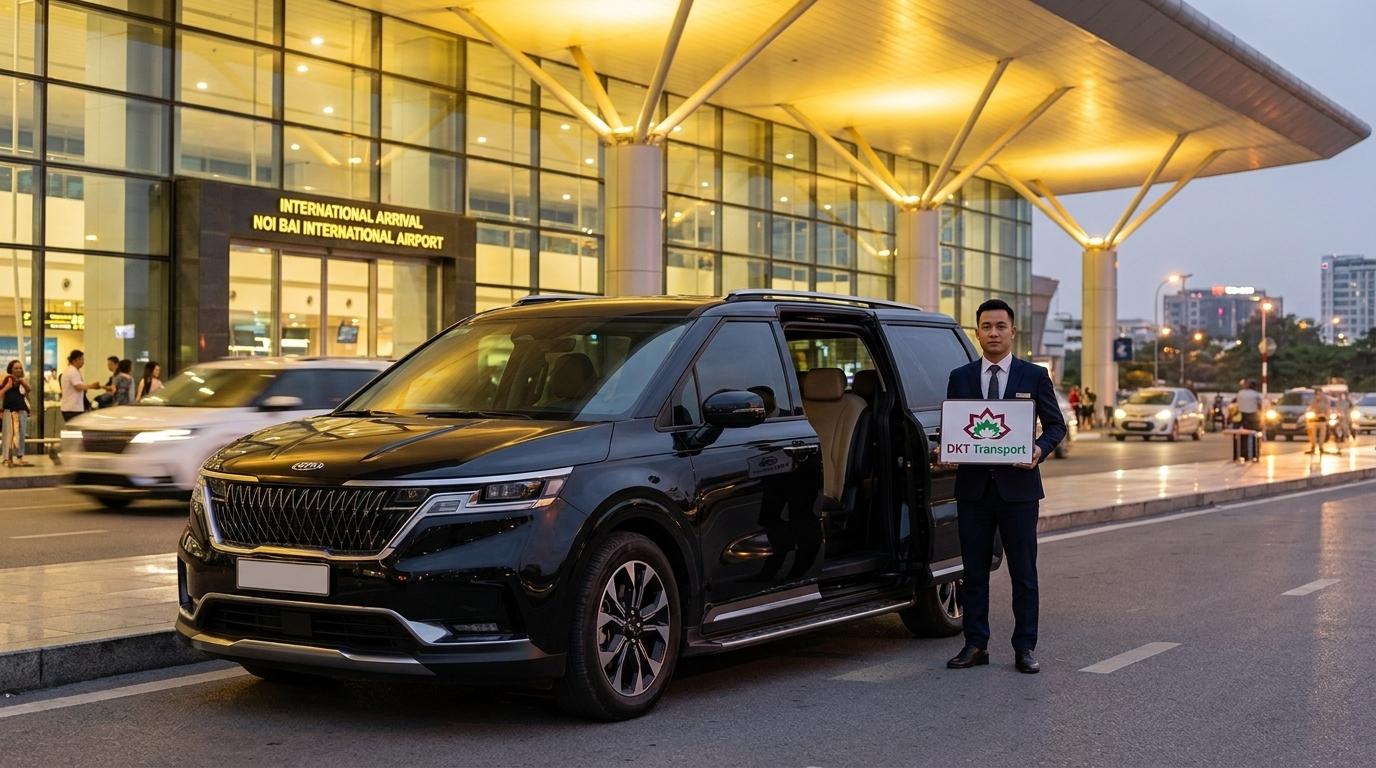 Dịch vụ đón tiễn sân bay Nội Bài bằng xe Kia Carnival với tài xế cầm biển đón DKT Transport