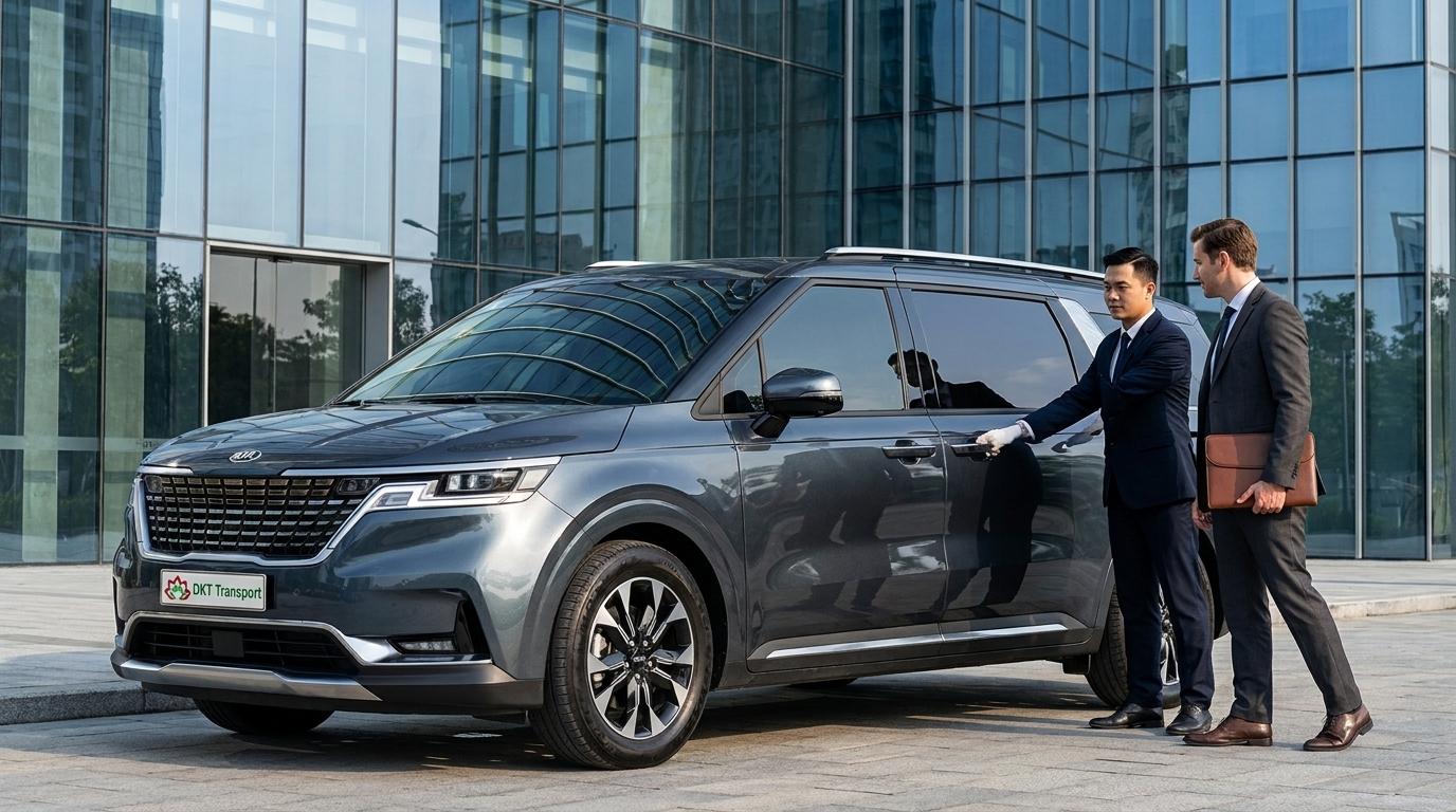 Xe Kia Carnival đưa đón lãnh đạo và chuyên gia đối tác trước tòa nhà văn phòng cao cấp của DKT Transport