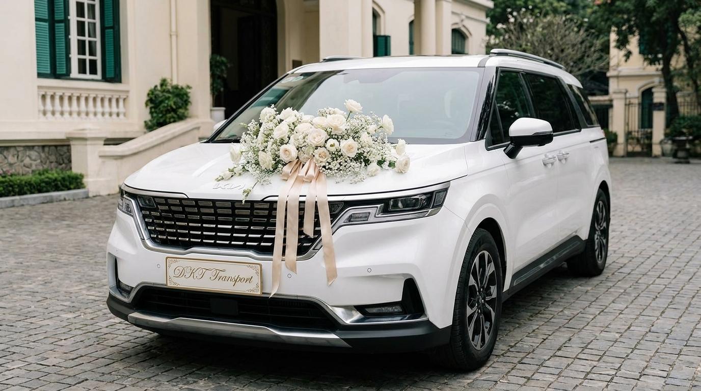 Xe Kia Carnival màu trắng kết hoa cưới sang trọng đưa rước dâu tại Hà Nội của DKT Transport