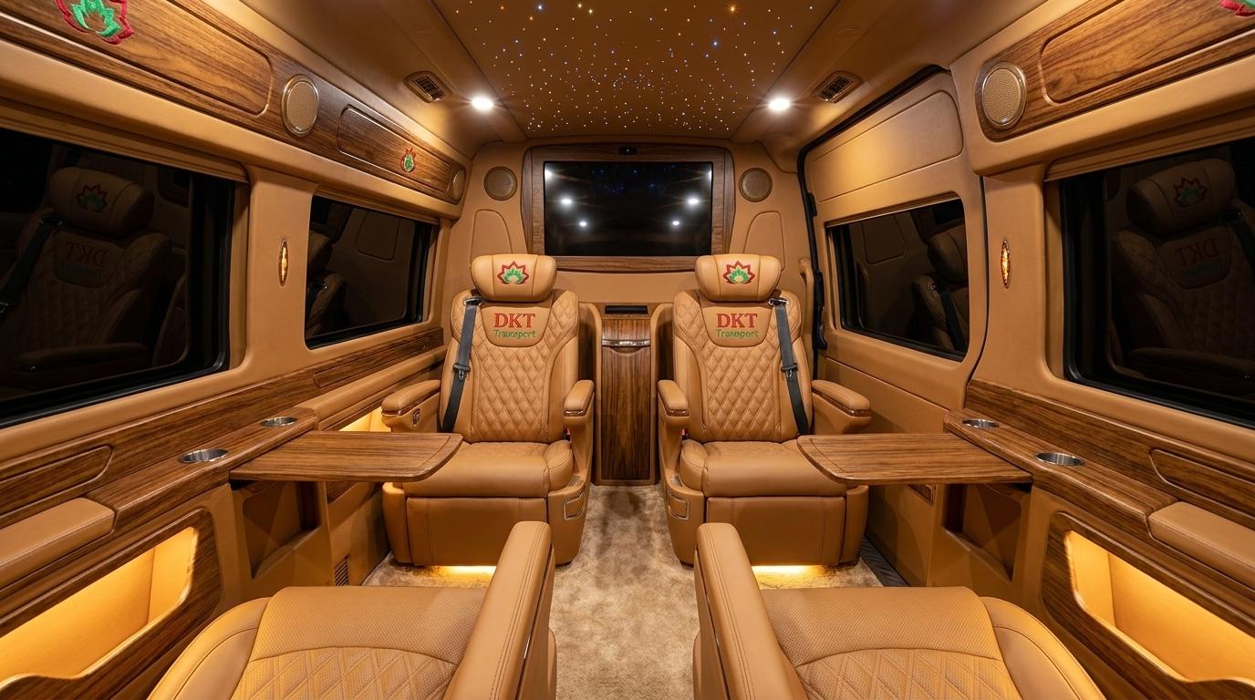 Nội thất khoang thương gia thuê xe Dcar limousine 9 chỗ DKT Transport với ghế massage và trần ánh sao