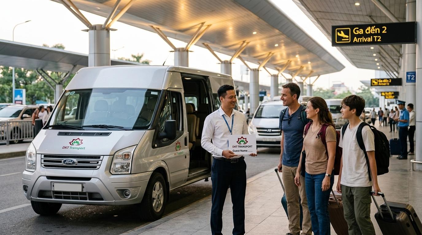 Tài xế DKT Transport đón tiễn sân bay Nội Bài với xe 16 chỗ Ford Transit đời mới