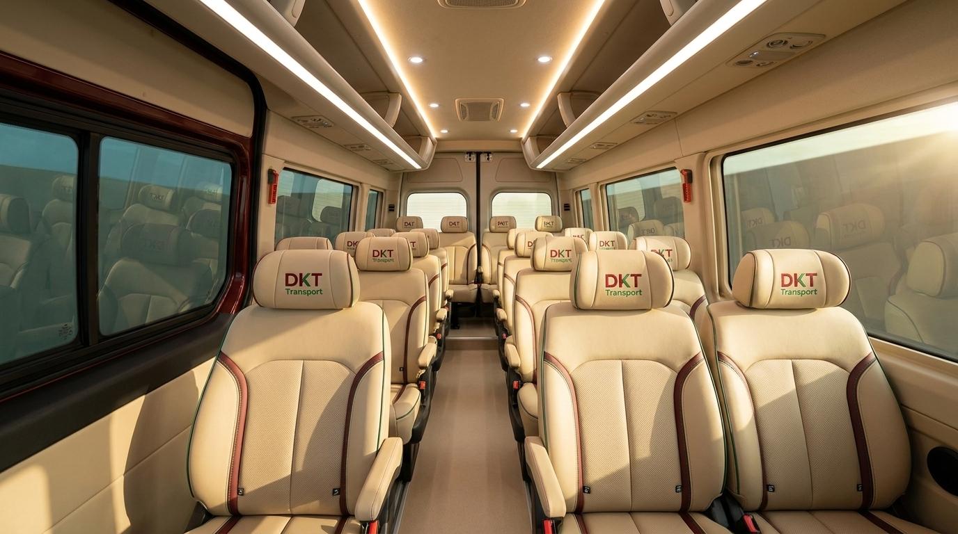 Khoang nội thất trần cao 1.9m và ghế da cao cấp của xe 16 chỗ Hyundai Solati DKT Transport