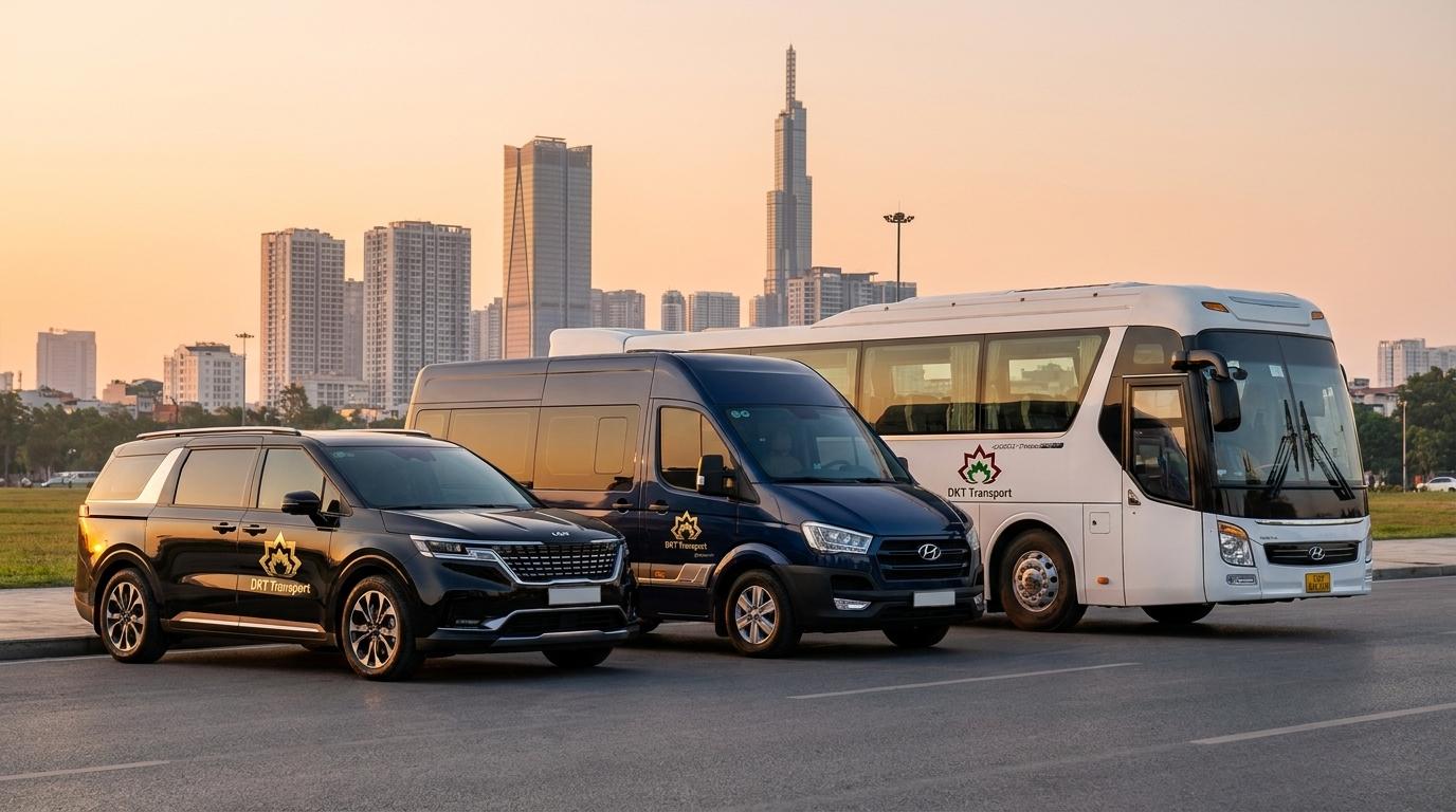 Dàn xe cho thuê xe du lịch Hà Nội đời mới từ 7 đến 45 chỗ và limousine VIP DKT Transport