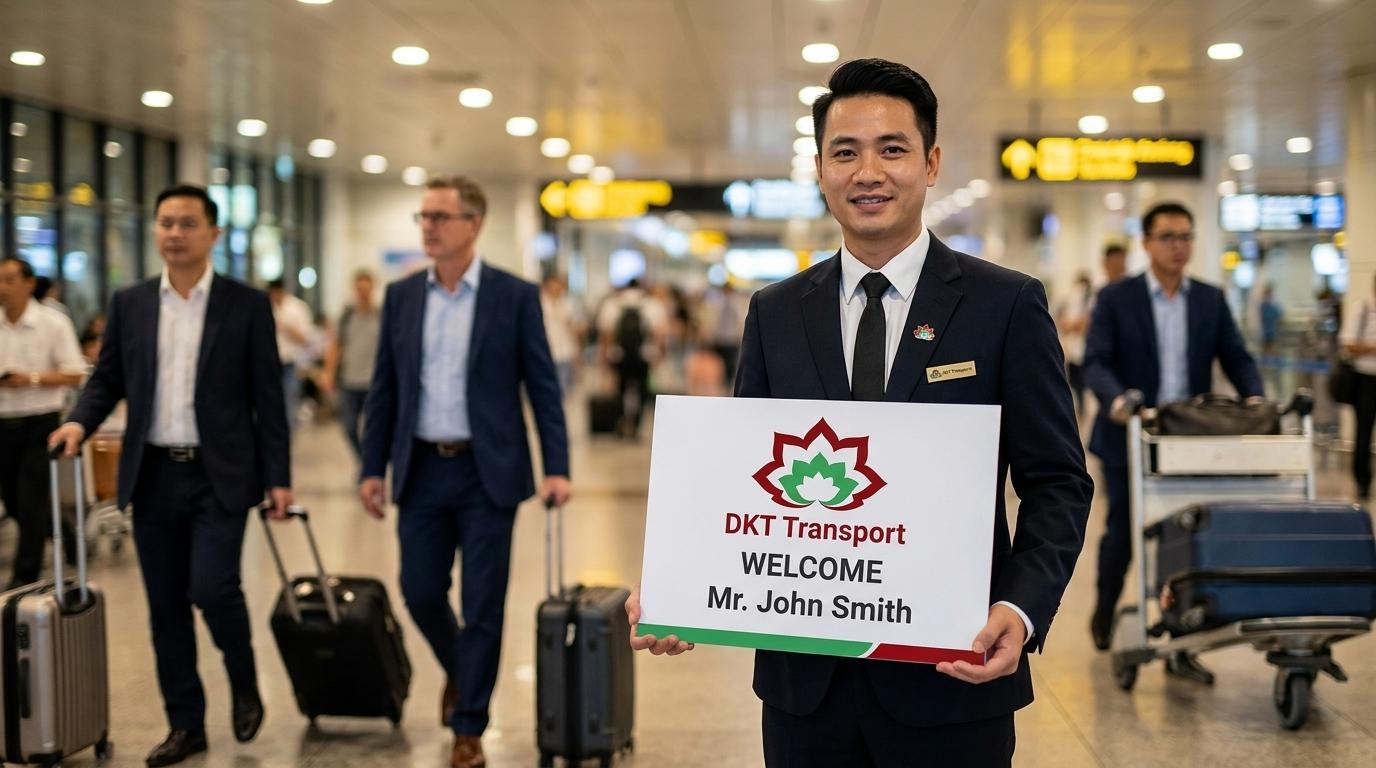 Tài xế DKT Transport đón khách chuyên nghiệp tại sảnh đến sân bay Nội Bài